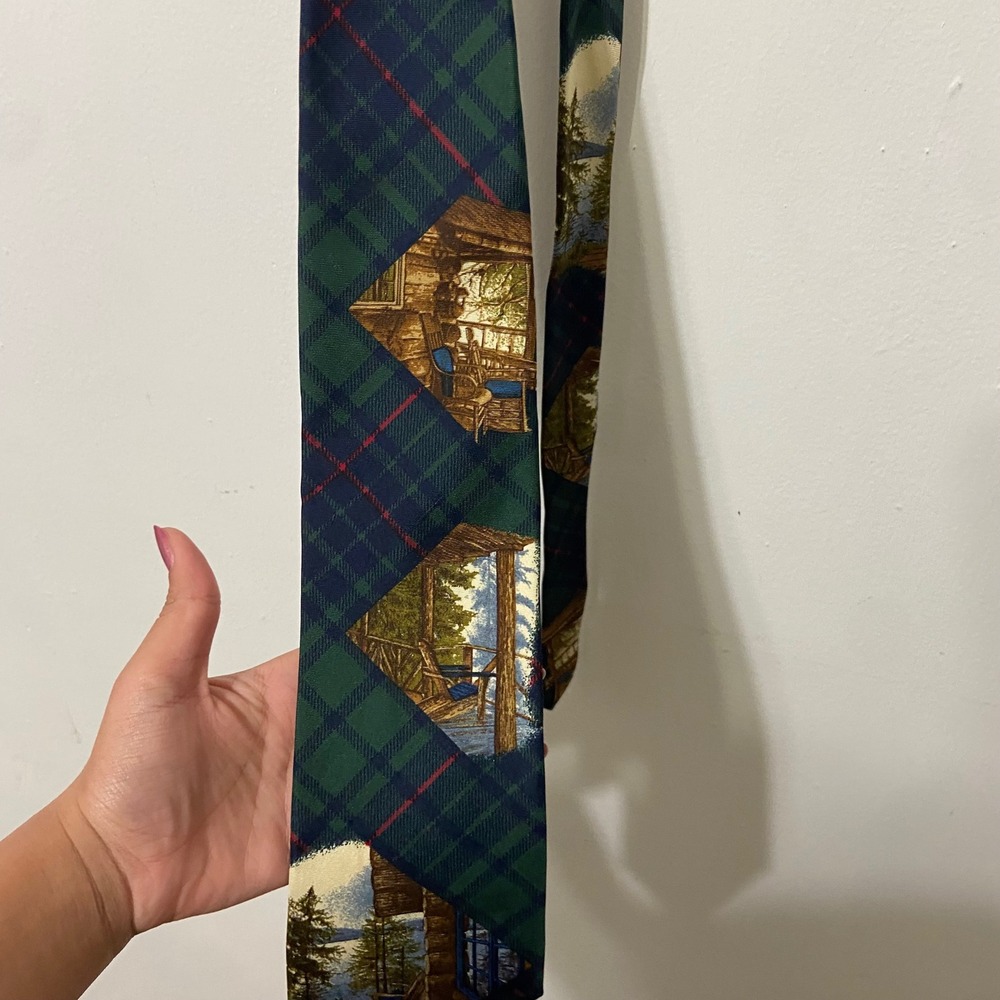 Structure Mens Silk Tie Green Plaid Cabin Lodge Scenic Lake Italian‎ Fabric USA
